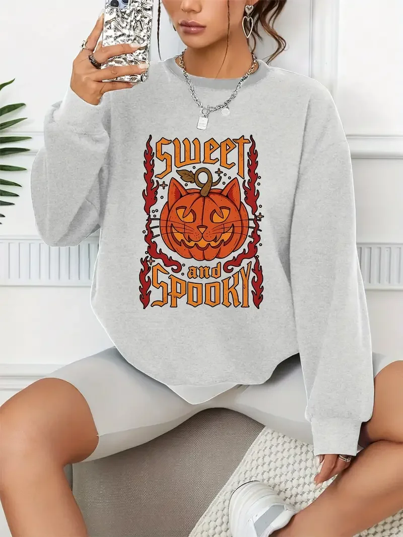 Spooky Pumpkins Print Casual Loose Fashion Long-Sleeved Pullover Solid Color Women's Swearshirts