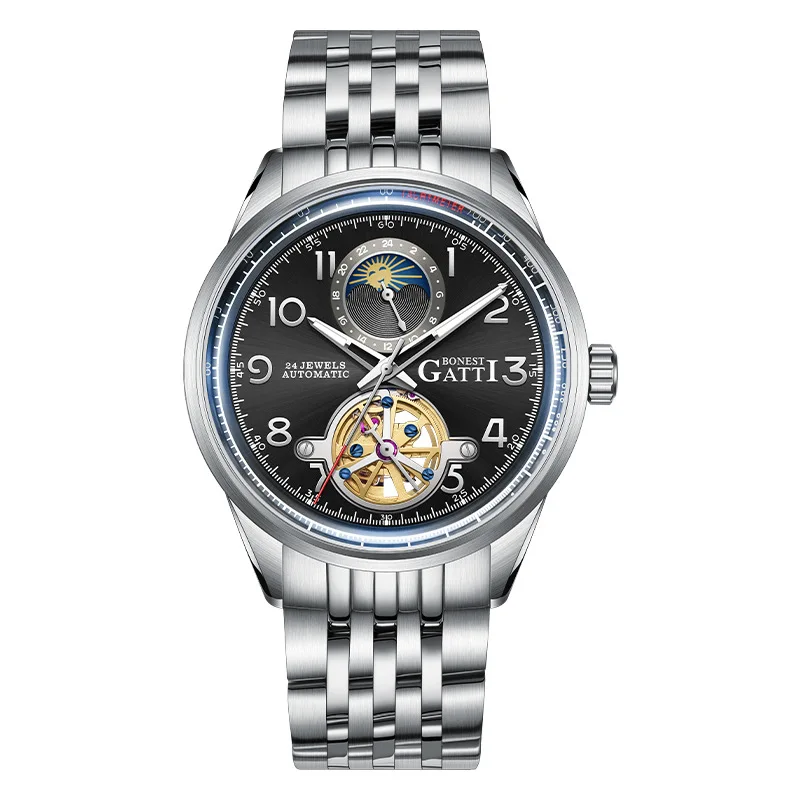 BONEST GATTI Watch men's multifunctional business tourbillon retro waterproof luminous hollow automatic mechanical watch