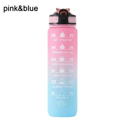 1L Leakproof Motivational Sports Water Bottle with Straw and Time Marker (Pink Blue)