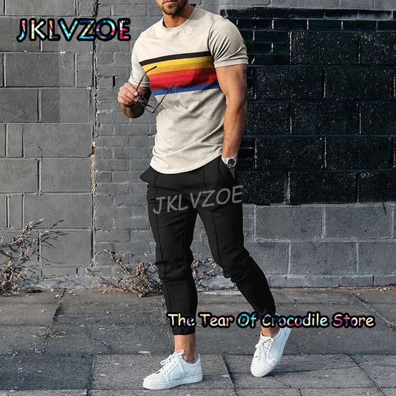 Summer Stripe Men's T Shirt+Trousers Tracksuit 2 Piece Set 3D Printing Newest Casual Short Sleeve+Pants Street Casual Clothes newest men s tracksuit vintage stripe polo shirt shorts set 3d printed clothes fashion casual streetwear outfits retro 2pcs suit