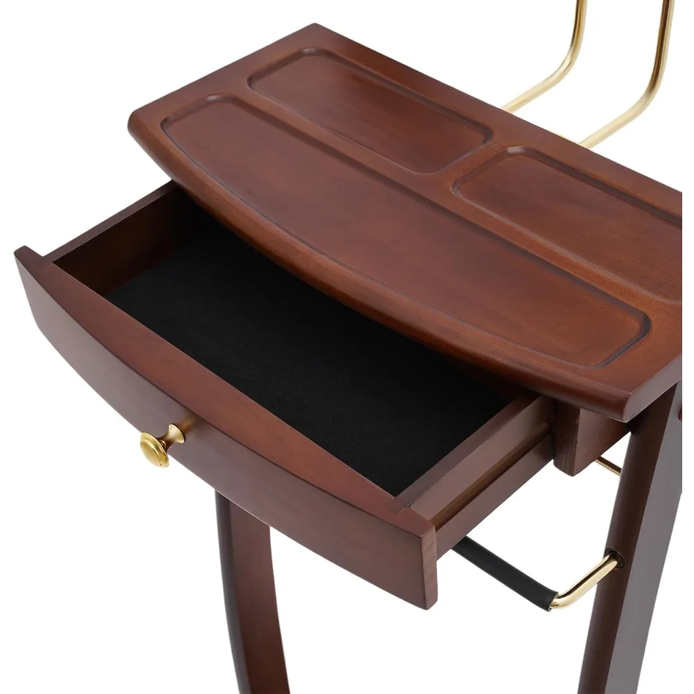 clothes valet stand, wood valet stand suit rack stand with drawer for men/women, contour hanger, trouser bar, belt hooks shoe ra