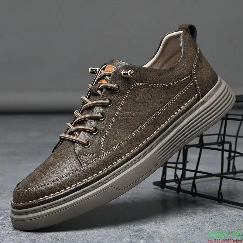 

All Season Genuine Leather Men's Casual Shoes Trendy Lace Up Slip Resistant Men's Casual Shoes Outdoor Walking Board Shoes Men