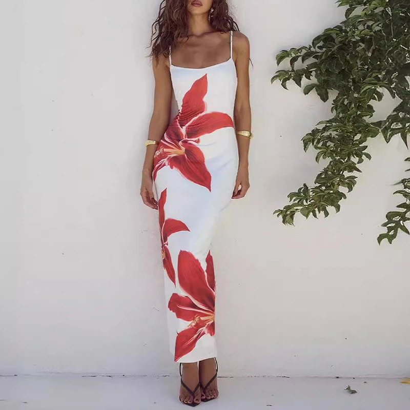 

Женские платья, Летнее цветочное длинное платье на бретельках, облегающая юбка до бедра на бретельках, модель 2024, летняя модель