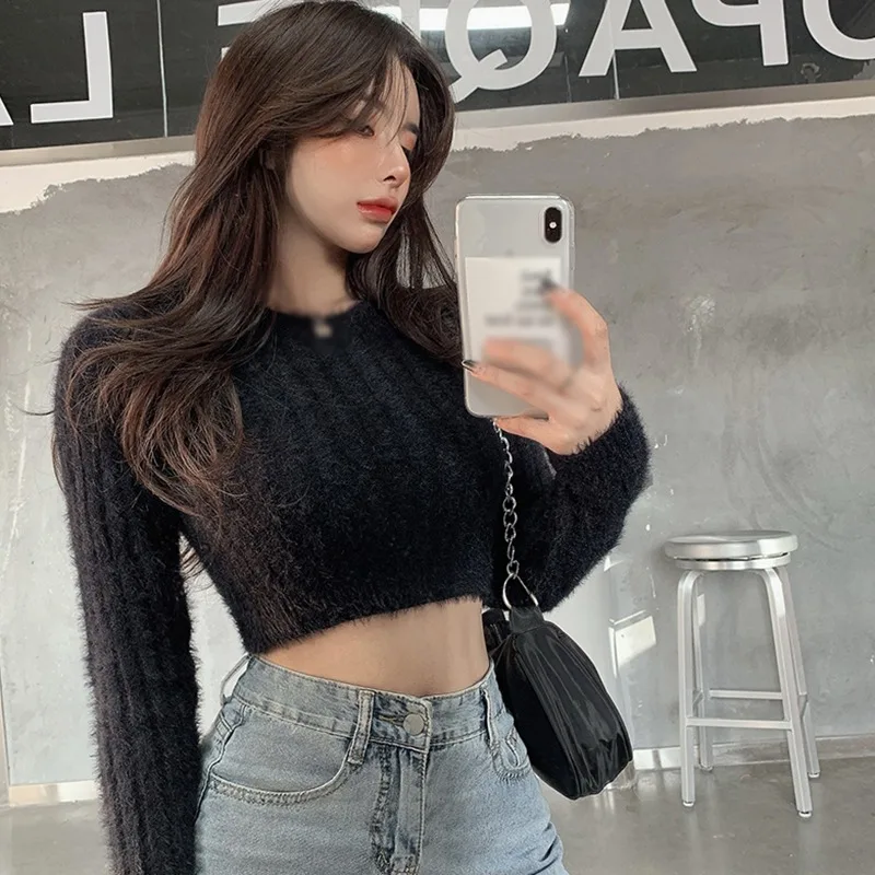 여성용 크롭탑 스웨터, 부드럽고 따뜻한 모피 스웨터, O넥 풀오버, 긴팔 퍼지 탑, 슬림핏 니트 스웨터, 겨울 