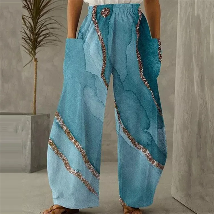 

Women Harem Pants Vintage Elastic Waist Wide Leg Trousers Female Casual Butterfly Flower Print Pockets Loose Cropped Pants