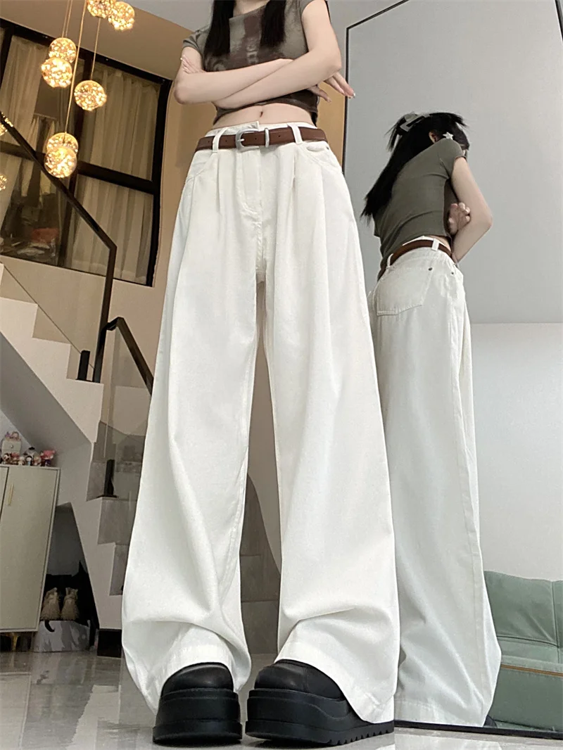 Khaki Casual Pants For Women Loose Fitting High Waisted Straight Wide Leg Pants Autumn 2023 New White Suit Pants