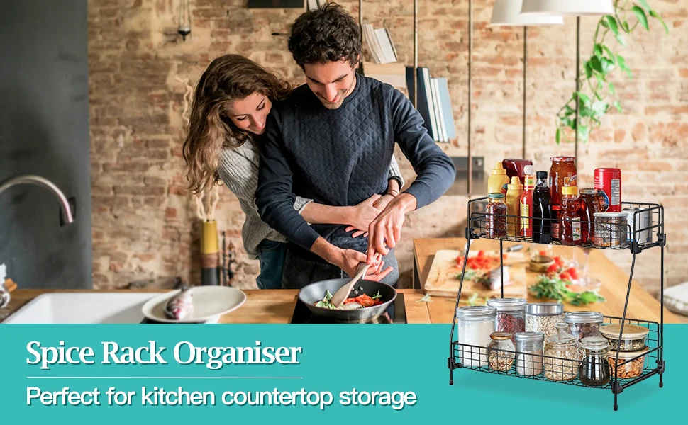 Standing 2 Tiers Spice Herb Jar Rack Holder Storage Organizer Counter Shelf Black: 3 - 5 Days Free Delivery Only UK