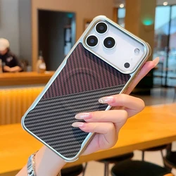 Magnetic Carbon Fiber Pattern PU Leather Case with Silver Bezel Lens Bumper for iPhone 17 (Red Grey)