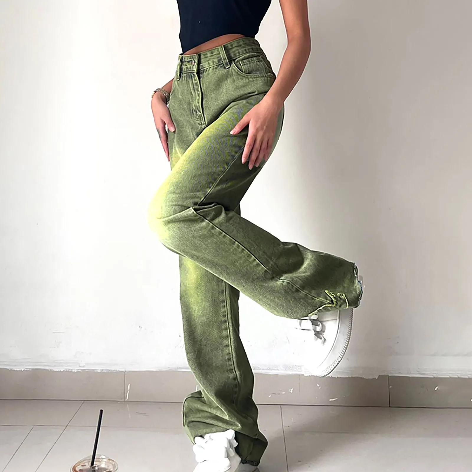 

Forest Green Fairycore Flared Jeans Women Streetwear Retro Aesthetic Y2K High Waist Denim Pants Chic Harajuku Casual Trousers