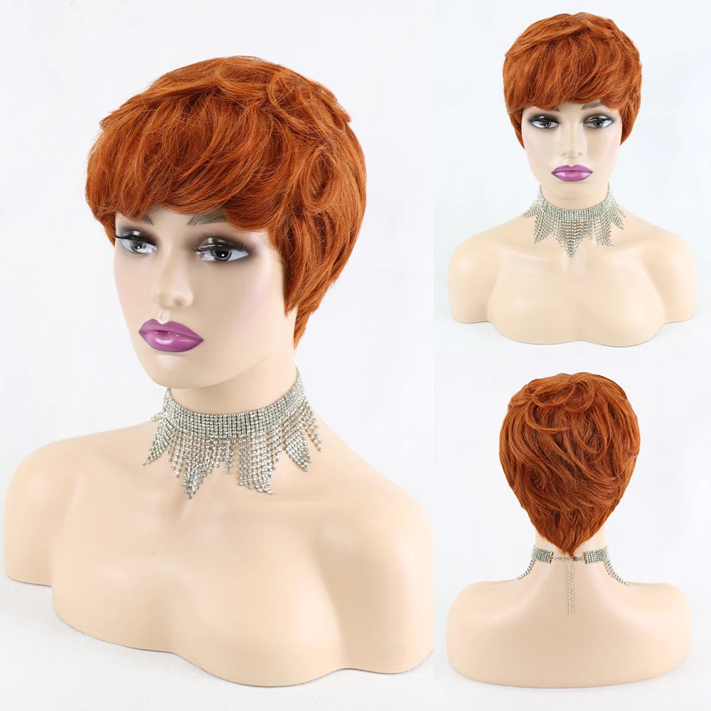 Perucas de Cabelo Brasileiro para Preto Humano Curto Pixie Corte Reto Remy Cabelo Máquina Feita Destaque Cor Barato Glueless Peruca 72 High Quality Apliques e perucas