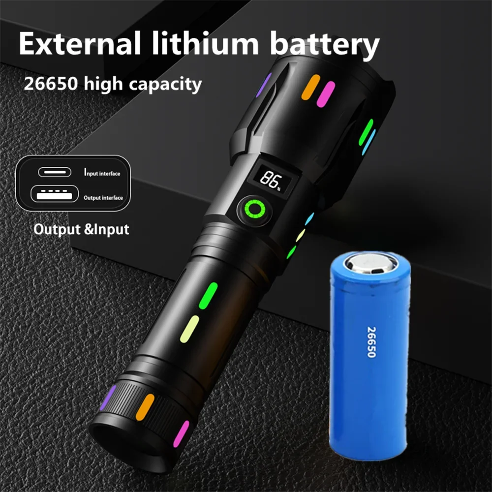 High Power 10000LM Spotlight Long Range LED 26650 Flashlight With Luminous StripsTail Glass breaker Zoom Torch Camping Emergency