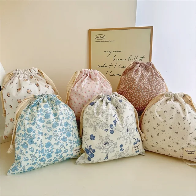 Cotton Mommy Storage Bags Printing Drawstring Pouches Outdoor Baby Diaper Bags Carrier Flower Printing Drawstring Pouches 2