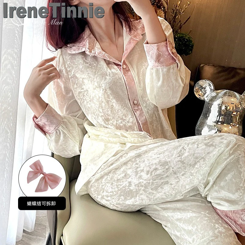 

Зимняя женская бархатная Домашняя одежда IRENE TINNIE, Повседневная Пижама для отдыха с высоким уровнем чувствительности, сохраняющая тепло ночная рубашка с лацканами и длинными рукавами, пижамный комплект