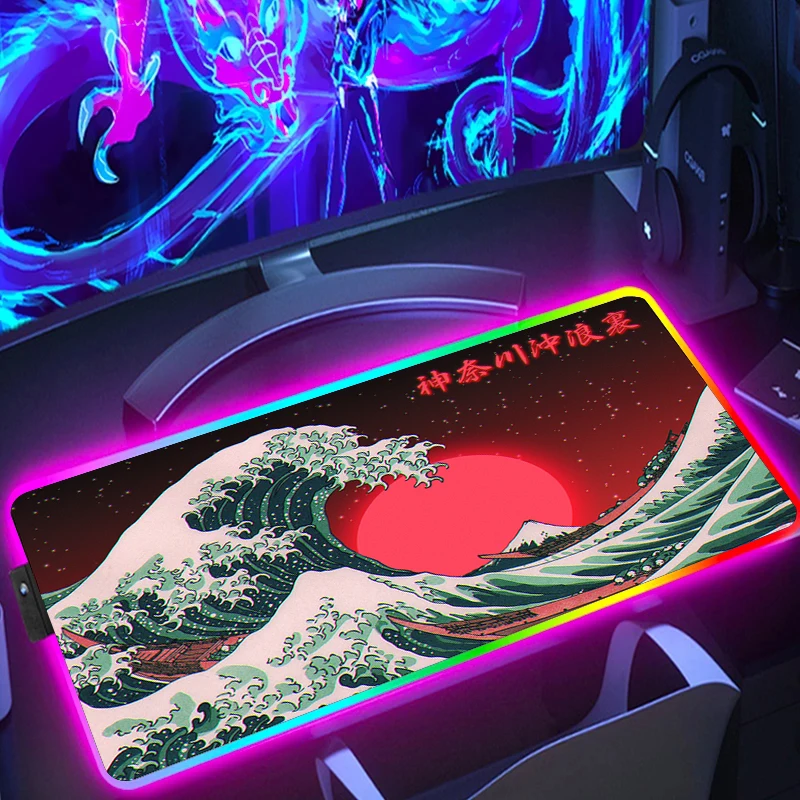 

Japanese Great Off Wave Rgb Mouse Pad Gamer Large Black and White Table Keyboard Mat Office Pc Complete Xxl Company Big Deskmat