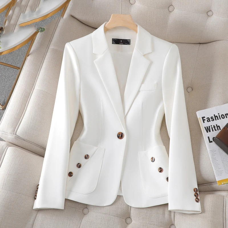 2023 Spring Autumn Black White Blue Blazer Women Ladies Female Business Work Wear Long Sleeve Single Button Solid Formal Jacket