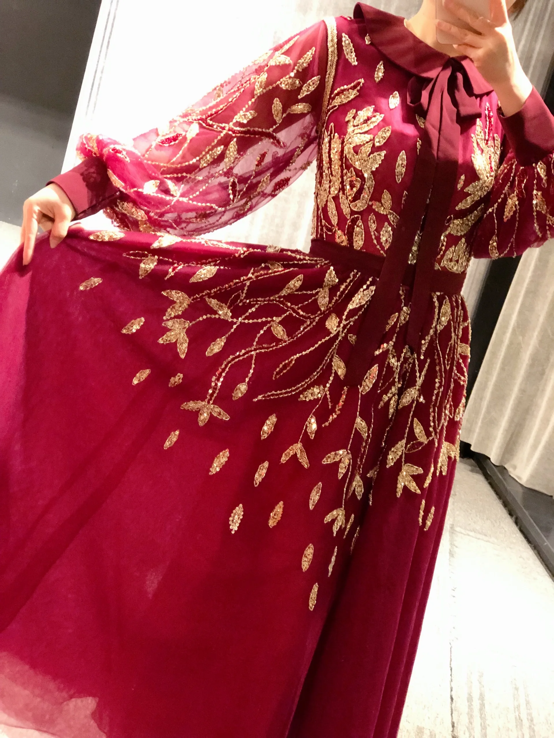 green emerald velvet dress Sparkly Gold Long Sleeve Wedding Dress High Neck 66754 Burgundy – Viniodress