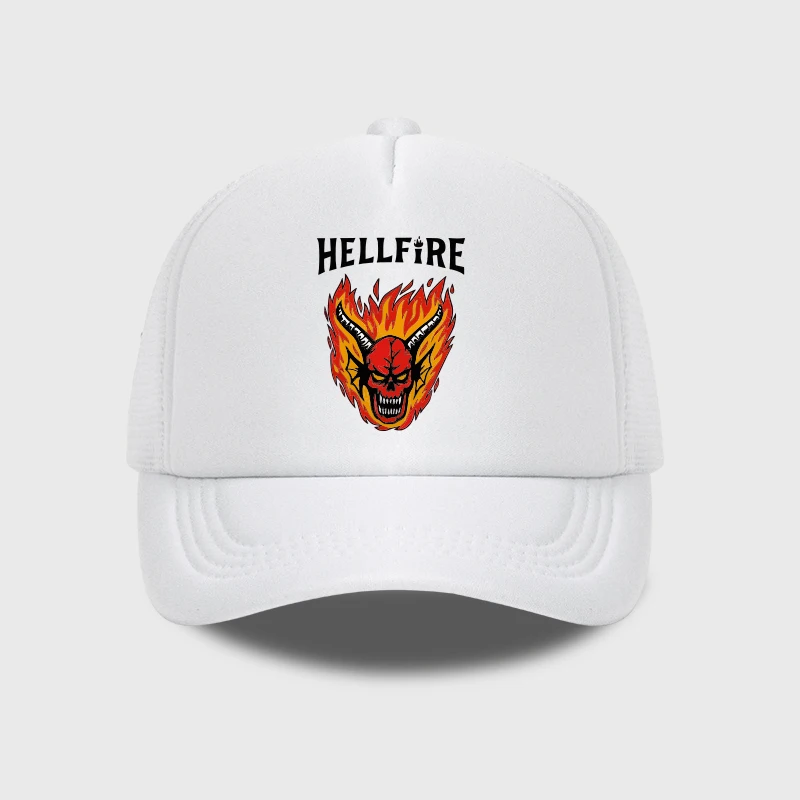 MLFO Hellfire Demon Flame Skull 프린트 트러커 캡 레트로 스트리트웨어 패션 유니섹스 데일리 통근 및 야외 하이킹 팬 선물