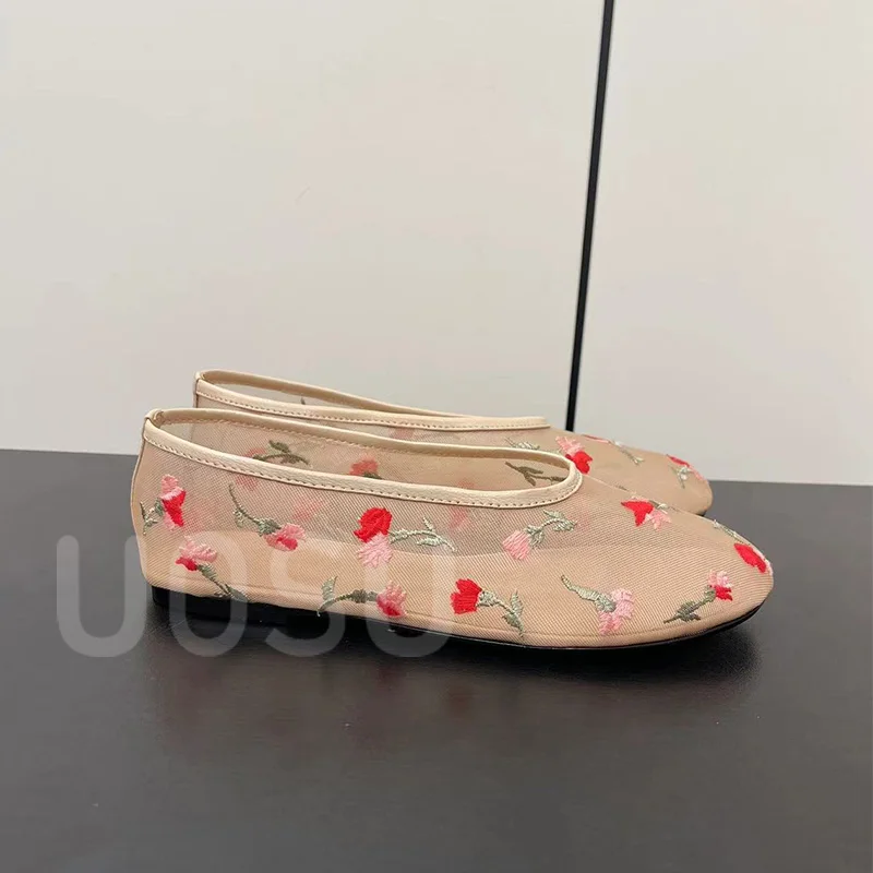 Designer Luxury Women Flats Mesh Cutout Style Ballet Shoes Rose Pattern Sandals Breathable Comfortable Sheepskin Insole Banquet