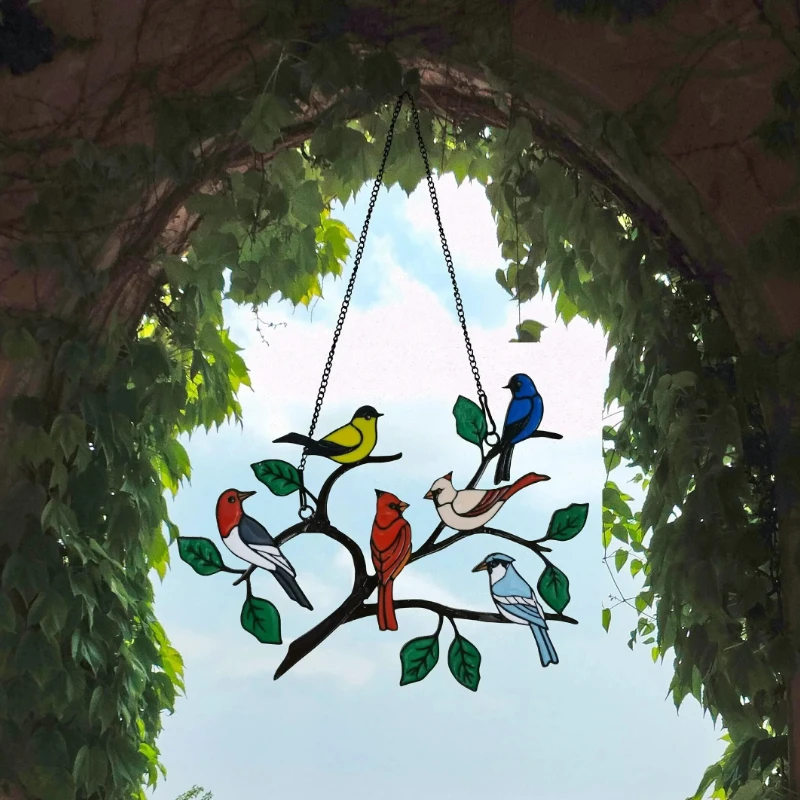 Cardinal Birds Stained Window Panel Hangings Birds Hanging On A Wire On Branch Room Decoration Accessories For Mother’s Day Gift