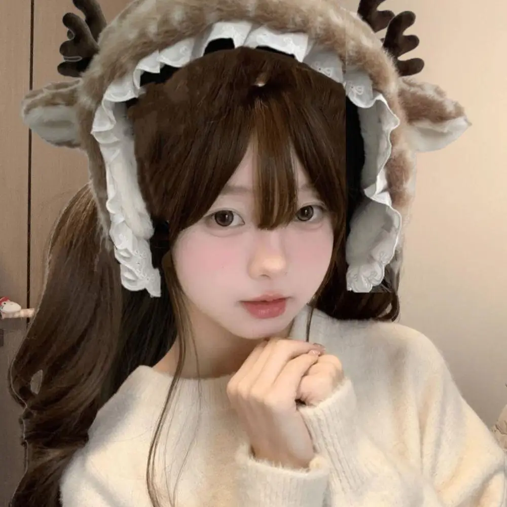 Faux Fur Antlers Hairband Japanese Lolita Headband Christmas Elk Deer Scarf Winter Furry Thicken Earmuffs Cosplay Accessories