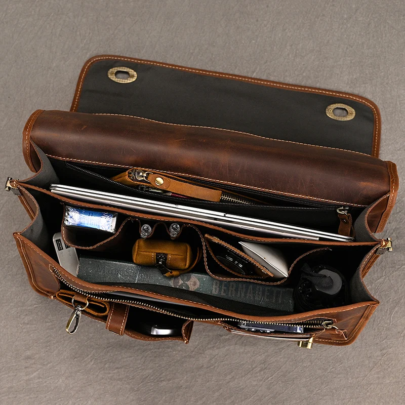 Top Grade Thick Genuine Leather Men Briefcase 15" Laptop Cow Leather Business Bag Tote Man Briefcase With Shoulder Strap 6