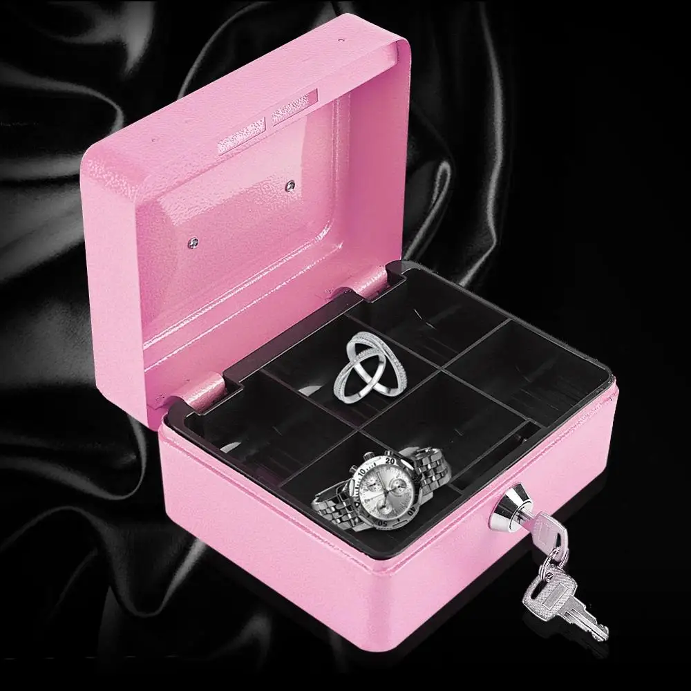 Pink Safe Money Box Cash Coin Register Insert Tray Cashier Drawer Storage Mini Portable Steel Lockable Cash Safe Security Box images - 6