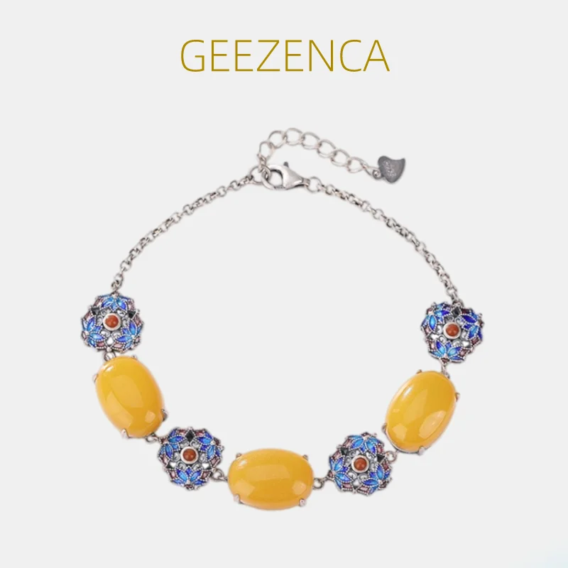 

GEEZENCA Natural Amber Colorful Enamel 925 Sterling Silver Charms Bracelet Women Cloisonne Flower Luxury Bracelets 2023 New Gift