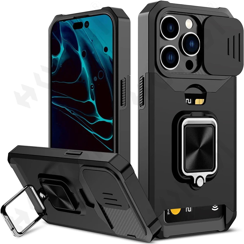 aliexpress.com - Case For iPhone 14 13 12 11 Pro Max XS XR 8 7 Plus Slide Camera Card Holder Slot Duty Wallet Protective With Ring Stand Cover
