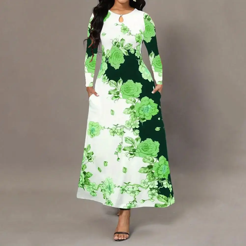 

Платье-макси с цветочным принтом, карманом и длинным рукавом