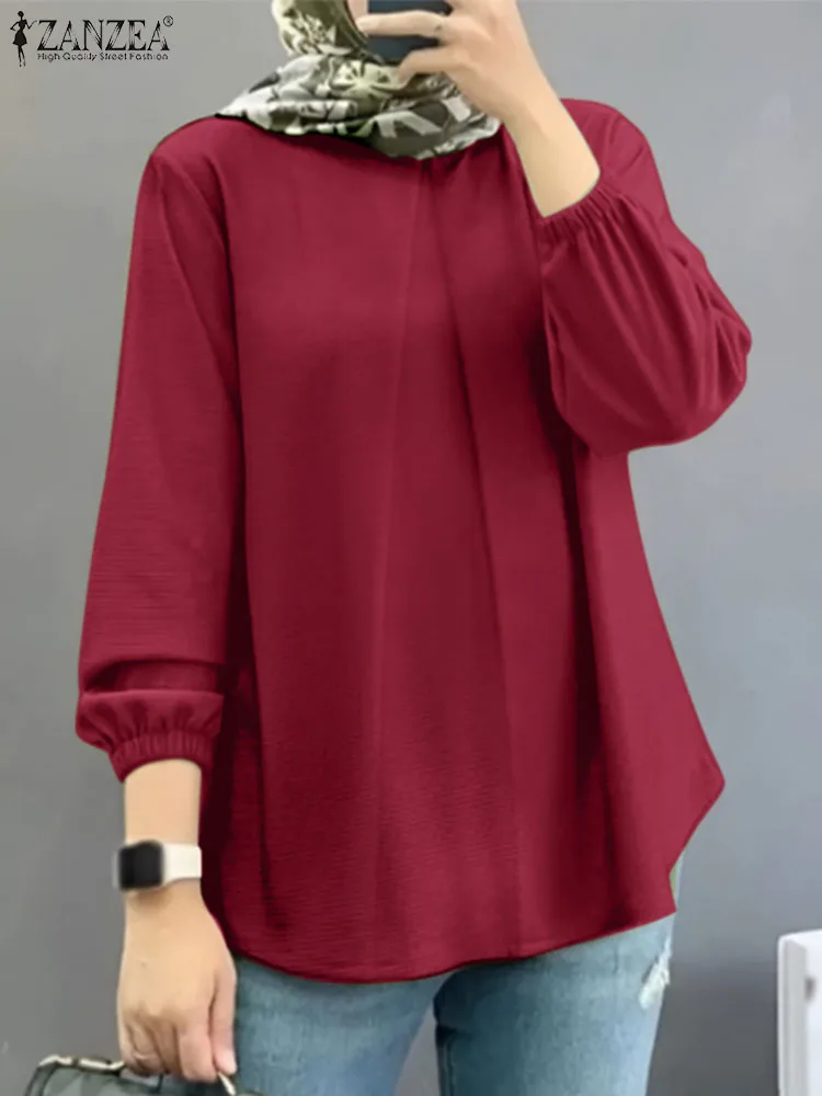 

Women Fashion Long Sleeve Blouse ZANZEA 2024 Muslim Tops Elegant OL Work Shirt O Neck Blusas Casual Loose Chemise Abaya Oversize