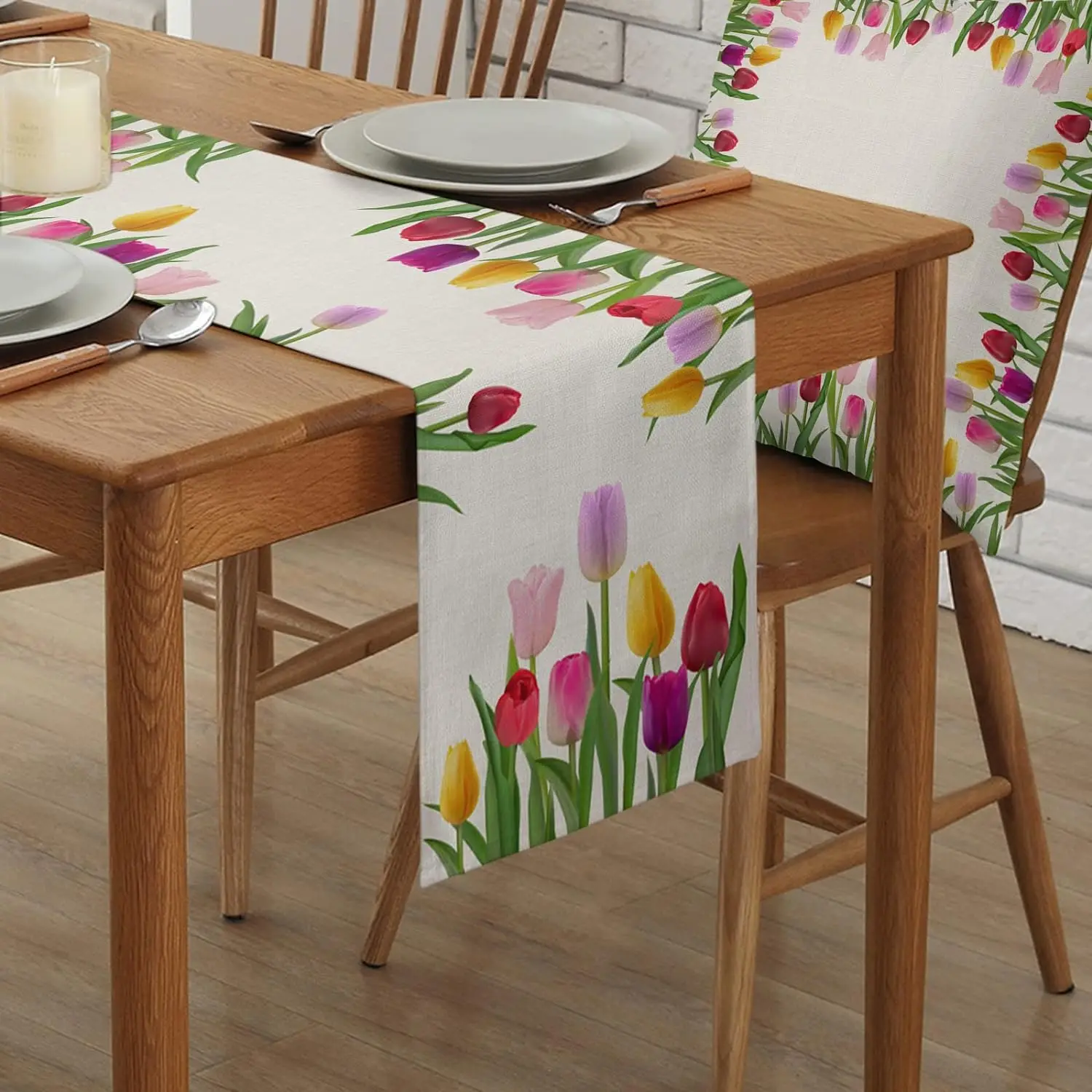 Easter Tulip Flowers Linen Table Runners Dresser Scarves Table Decor Spring Farmhouse Dining Table Runners Wedding Decorations 3