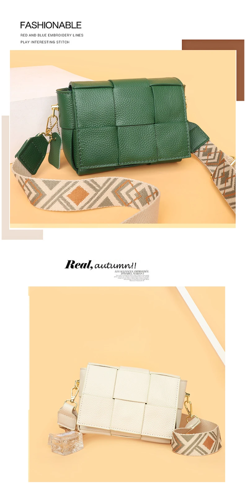100% Cowhide Women's Shoulder Bags Genuine Leather Woven Crossbody Bags Wide Straps Messenger Bags Fashion Designer Brands Totes
