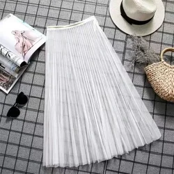Elegant Transparent Lace Mesh Mini Skirt with Elastic High Waist - Black & White Tulle Design - One Size (White)