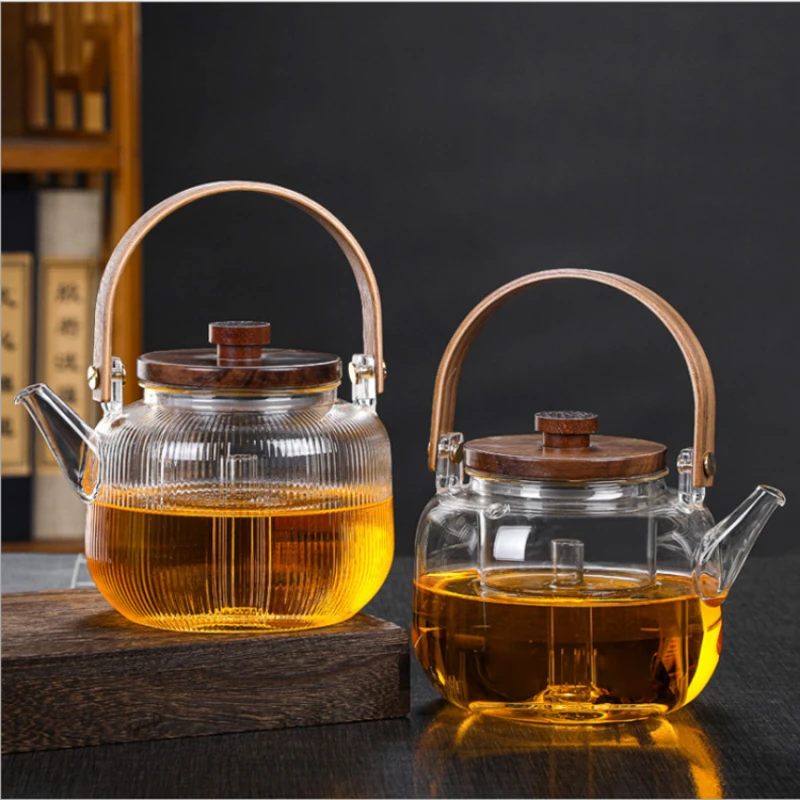 

High Borosilicate Transparent Glass Teapot Chinese Heat-resistant Solid Wood Handle Kettle Tea Water Separation Tea Set 900ml