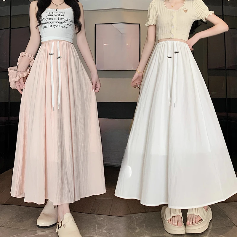 French Style Summer Maternity Flared Skirt Solid Color Drawstring Waist Long Loose Pregnant Woman Skirt with Lining