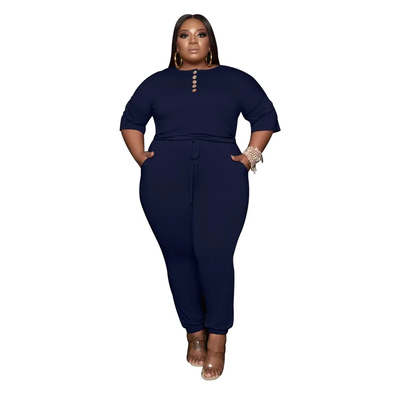 Plus Size Women Jumpsuit Summer Solid Button One Piece Outfit 2022 Sexy Fashion Pencil Pants Casual Lady Clothing Wholesale