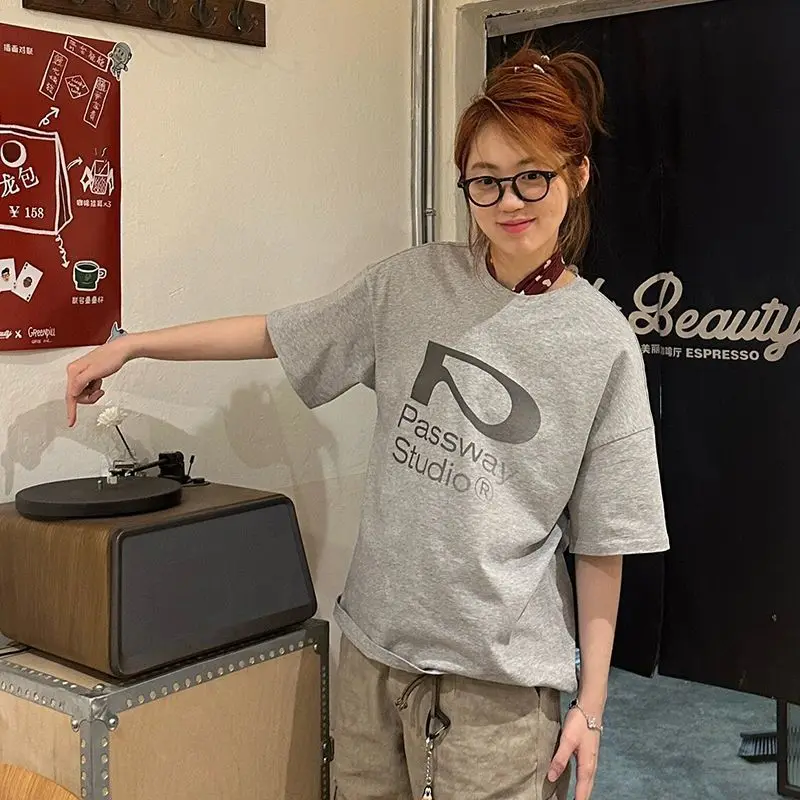 

Fashionable Korean Personalized Printed Cotton Short-sleeved T-shirt Spring Summer Women Y2K New Niche Casual Loose Couple Tops