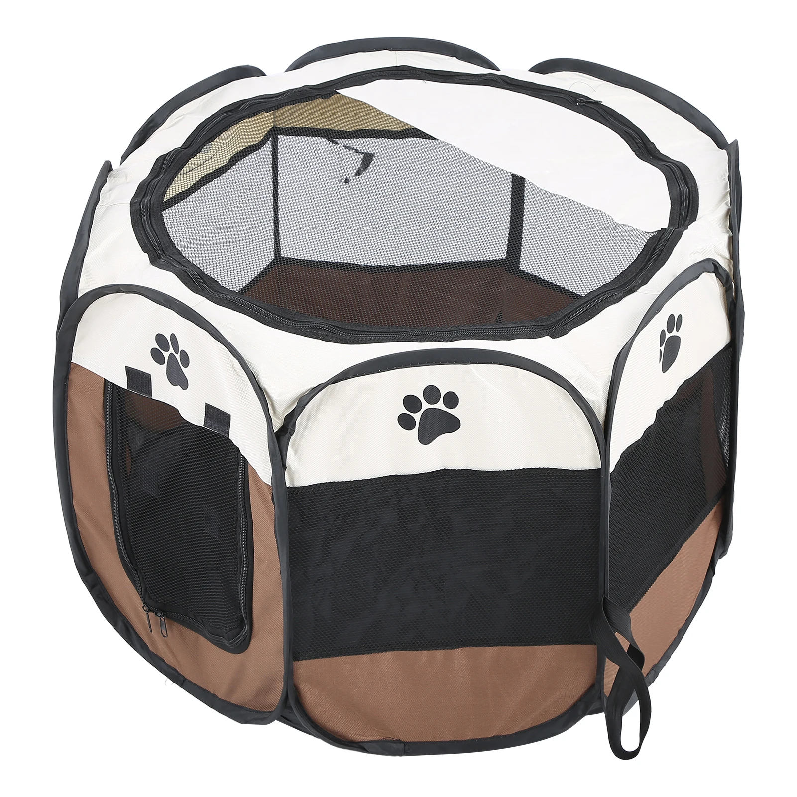 Pet Cat Dog Portable Foldable Cage Exercise & Play Tent Mesh Cover Indoor/Outdoor Use Coffee