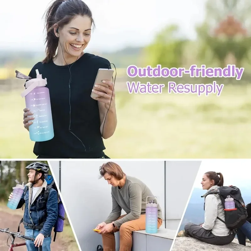 Large Capacity Sports Water Bottle with Straw and Time Marker