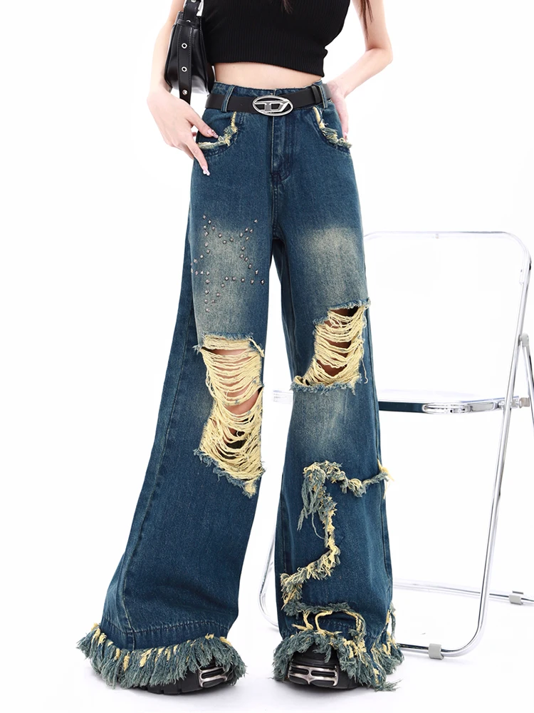 Retro American High Street Ripped Holes Jeans Girl Vintage Blue Oversized Denim Trousers Fashion Beaded Wide Leg Pants Women Y2K