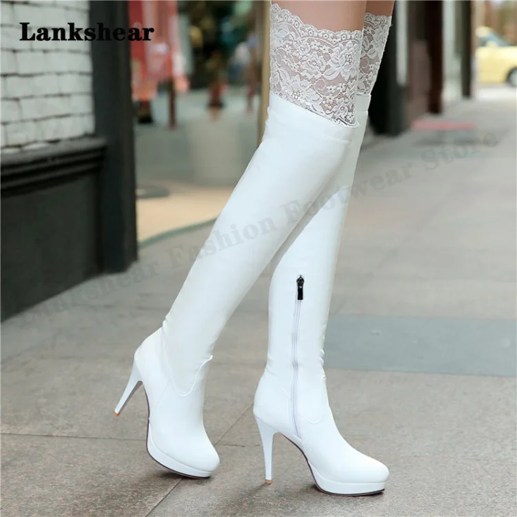 Autumn and Winter Lace Side Zipper Women's Boots Pointed Toe High-Heeled Knight Boots Skinny Leg Elastic Over-The-Knee Boots