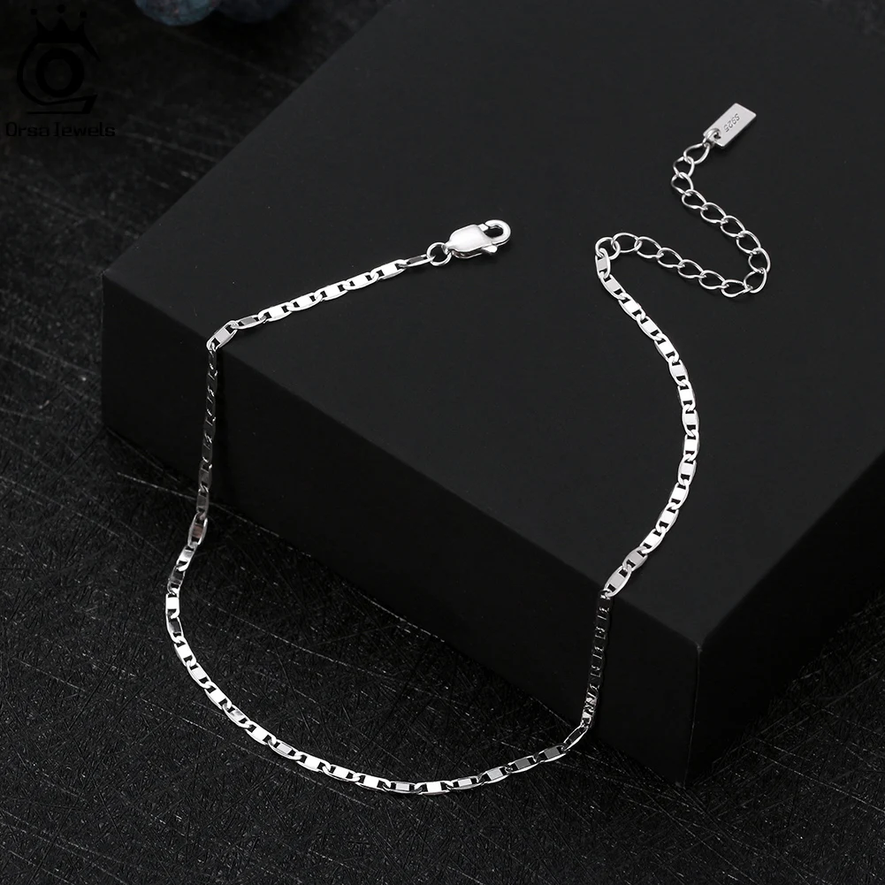 ORSA JEWELS 925 Sterling Silver 2mm Italian Sparkle Mirror Link Chain Anklet Simple Jewelry for Women Birthday Gift SA29