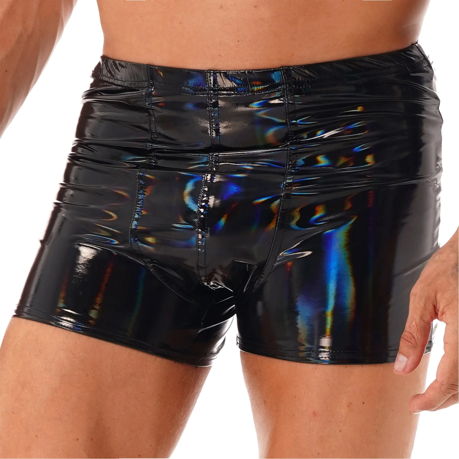 

Mens Wet Look Patent Leather Shorts Brief Bulge Pouch Boxer Brief Elastic Waistband Short Pants Clubwear