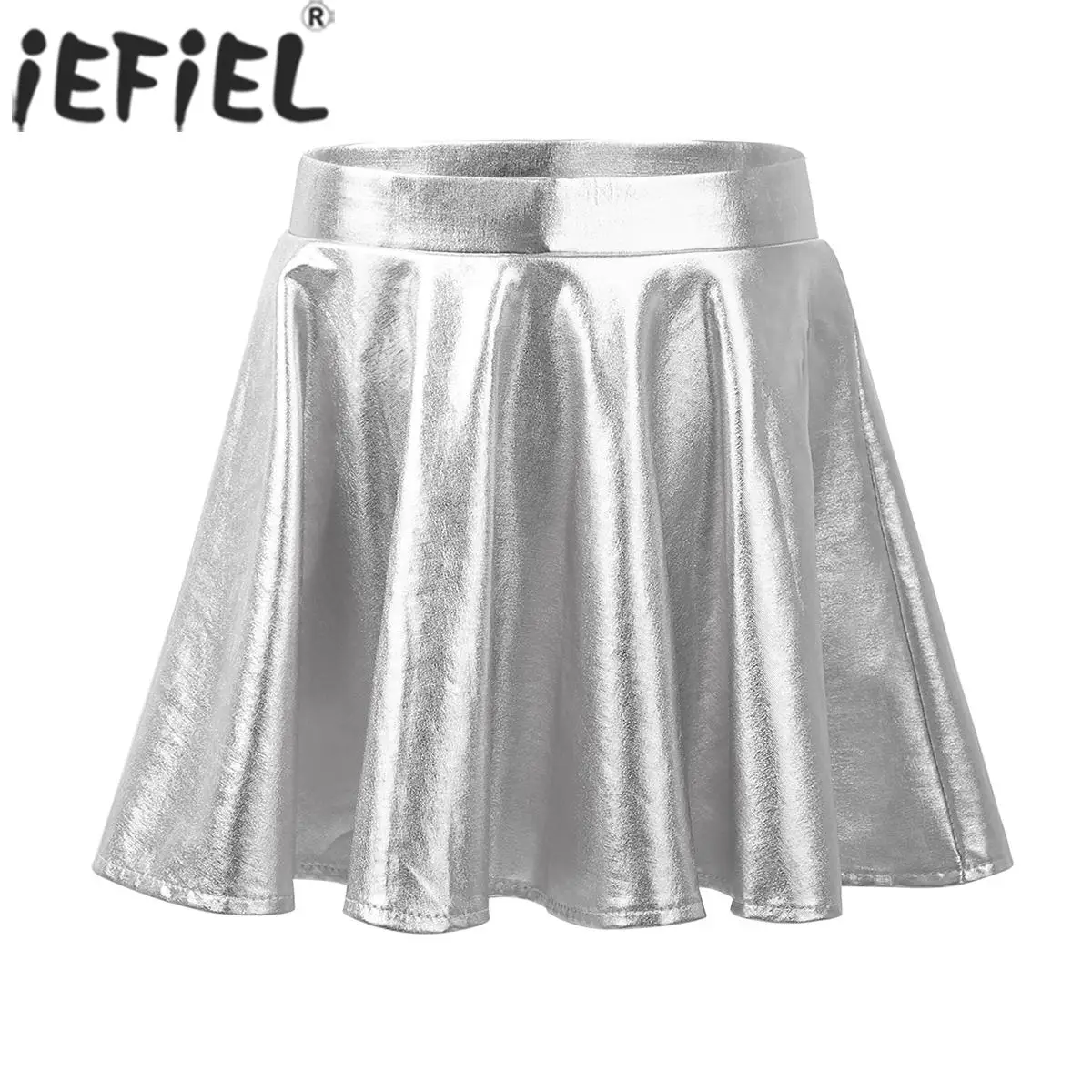 

Kid Girls Glossy Metallic Flared Pleated A-Line Miniskirt Ballet Dance Athletic Skater Scooter Skirt with High Elastic Waistband