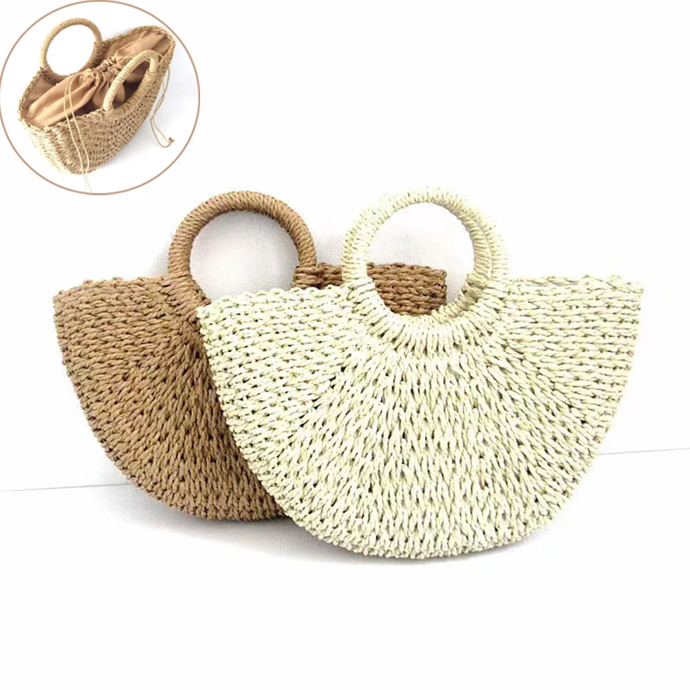 

Креативная полукруглая плетеная сумка Moon Bag, женская Соломенная плетеная Сумка-тоут для покупок, Классическая уличная Пляжная сумка для хранения для женщин