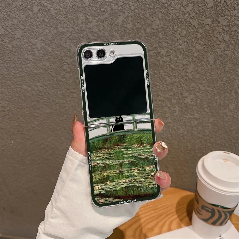 Aesthetic Black Cat Art Van Gogh Clear Folding Phone Case - Hard Cover for Samsung Z Flip Series