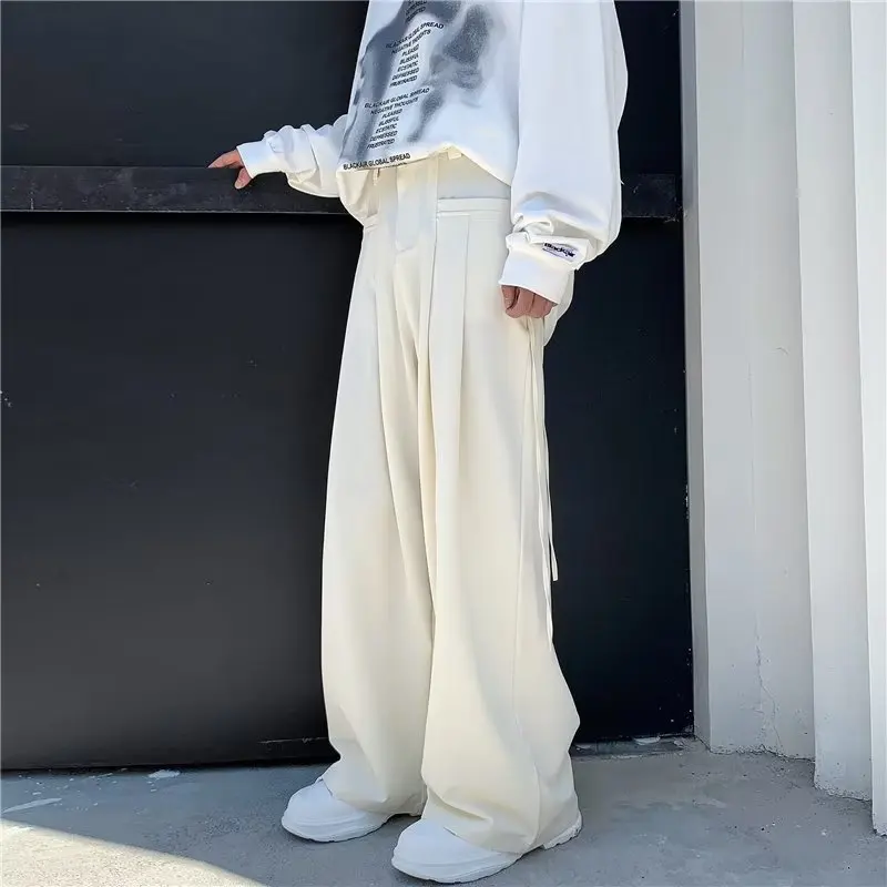 Korean Vintage Design Lace Up Suit Pants for Men's Spring Summer Straight Leg Wide Leg Casual Baggy Pants Street Men Clothing