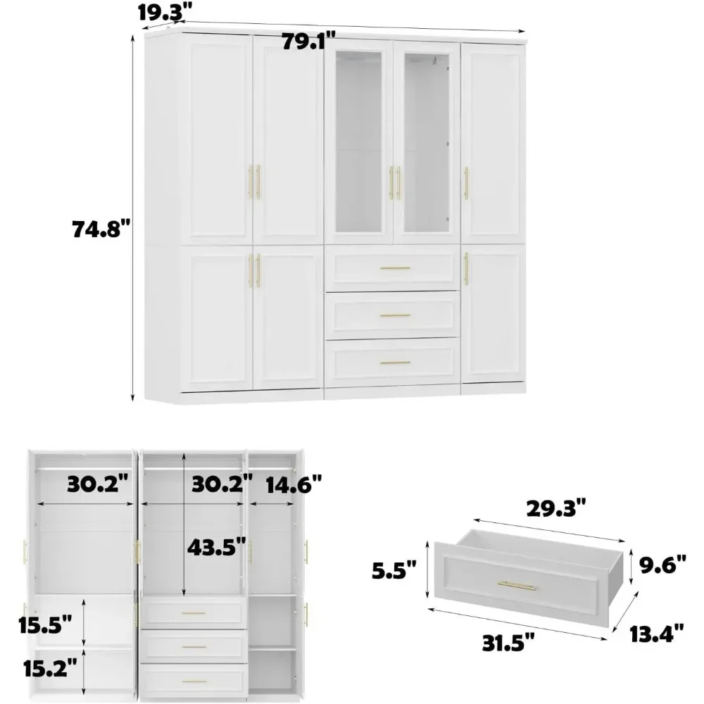 Armoire Wardrobe Closet Collection with Drawers & Hanging Rods, Closet Organizer, Armoire Wardrobes,Bedroom Funiture 6