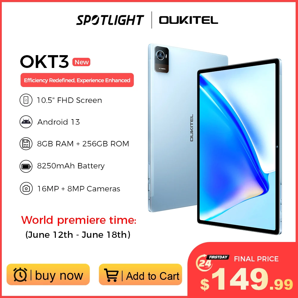 Tablet Oukitel Okt3 10.51 "Fhd, 8250Mah, 8Gb 256Gb, Tablet Android 13, Pad, Tablet Octa Core T616 Con Fotocamera Da 16Mp