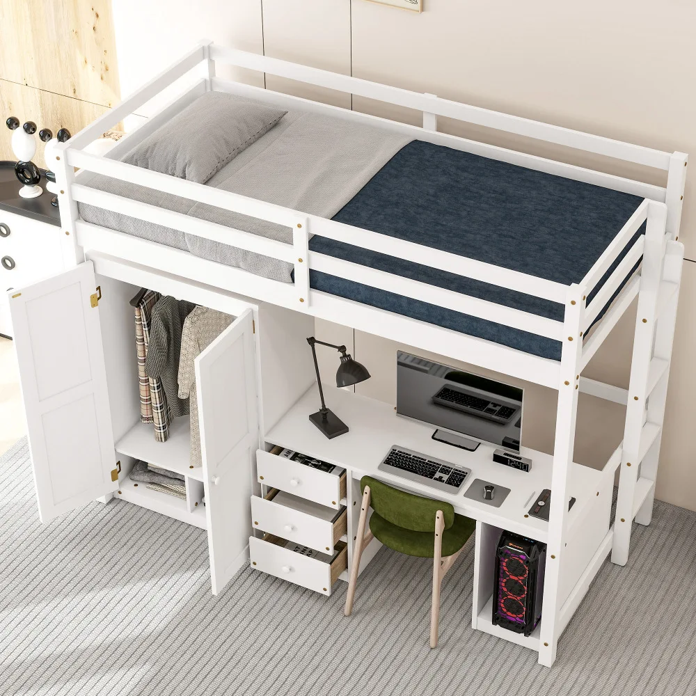 4-in-1 Full Size Loft Bed with 2 Large Drawers Wardrobe, Desk and Storage Drawers,Modern Style Daybed,Children Bed Boys Bed Gray 5